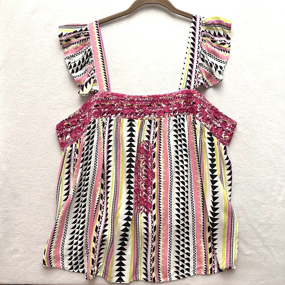 Savanna Jane 1X Embroidered Pink Tank Top Floral Bohemian Geometric Rayon - Picture 3 of 10